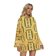 Round Neck Long Sleeve Bohemian Style Chiffon Mini Dress 