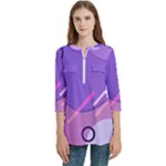 Colorful Labstract Wallpaper Theme Women s Zip Front V-Neck 3/4 Sleeve Casual Top Pocket Shirt