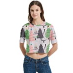 Christmas Trees Icons Women s Round Neck Short Sleeve Crop Top
