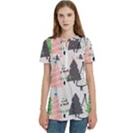 Christmas Trees Icons Women s Zip Front V-Neck Short Sleeve Casual Top Pocket Shirt