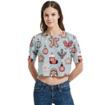 Christmas Cartoon Pattern Women s Round Neck Short Sleeve Crop Top