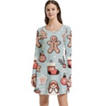 Christmas Cartoon Pattern Long Sleeve Velour Skater Dress