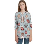 Christmas Cartoon Pattern Women s Zip Front V-Neck 3/4 Sleeve Casual Top Pocket Shirt