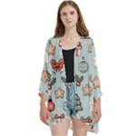 Christmas Cartoon Pattern Open Front 3/4 Sleeve Batwing Chiffon Cardigan Kimono