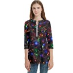 Christmas Lights Women s Zip Front V-Neck 3/4 Sleeve Casual Top Pocket Shirt