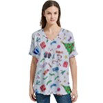 New Year Christmas Winter Pattern V-Neck Split Shoulder Casual T-Shirt