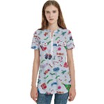 New Year Christmas Winter Pattern Women s Zip Front V-Neck Short Sleeve Casual Top Pocket Shirt