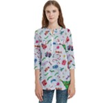 New Year Christmas Winter Pattern Women s Zip Front V-Neck 3/4 Sleeve Casual Top Pocket Shirt