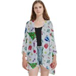 New Year Christmas Winter Pattern Open Front 3/4 Sleeve Batwing Chiffon Cardigan Kimono