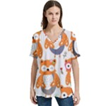 Cute Colorful Owl Cartoon Seamless Pattern V-Neck Split Shoulder Casual T-Shirt