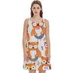 Cute Colorful Owl Cartoon Seamless Pattern Round Neck Sleeve Casual Dress With Pockets