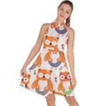 Cute Colorful Owl Cartoon Seamless Pattern Sleeveless Halter Neck A-Line Dress