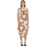 Cute Colorful Owl Cartoon Seamless Pattern Cold Shoulder Loose Fit Dress With Pockets