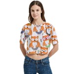 Cute Colorful Owl Cartoon Seamless Pattern Women s Round Neck Short Sleeve Crop Top