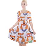 Cute Colorful Owl Cartoon Seamless Pattern Quarter Sleeve A-Line Dress With Pockets