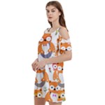 Cute Colorful Owl Cartoon Seamless Pattern Women s Cold Shoulder Round Neck Mini Dress
