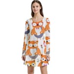 Cute Colorful Owl Cartoon Seamless Pattern Long Sleeve Velour Skater Dress