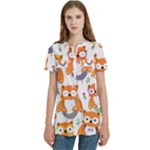 Cute Colorful Owl Cartoon Seamless Pattern Women s Zip Front V-Neck Short Sleeve Casual Top Pocket Shirt