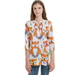 Cute Colorful Owl Cartoon Seamless Pattern Women s Zip Front V-Neck 3/4 Sleeve Casual Top Pocket Shirt