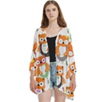 Cute Colorful Owl Cartoon Seamless Pattern Open Front 3/4 Sleeve Batwing Chiffon Cardigan Kimono