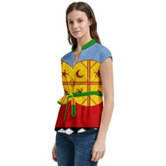 Women s Cap Sleeve Mandarin Collar Waist Tie Blouse 