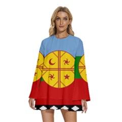 Round Neck Long Sleeve Bohemian Style Chiffon Mini Dress 