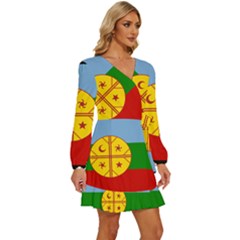 Long Sleeve Waist Tie Ruffle Velvet Dress 
