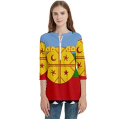 Women s Zip Front V-Neck 3/4 Sleeve Casual Top Pocket Shirt 