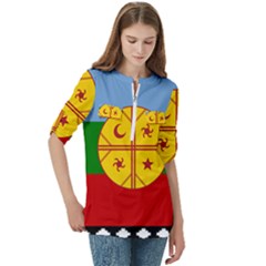 Women s Zip Front V-Neck 3/4 Sleeve Casual Top Pocket Shirt 