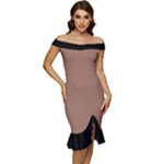 Mocha Mousse Hex Code #a47864 Off Shoulder Ruffle Split Hem Bodycon Dress