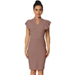 Mocha Mousse Hex Code #a47864 Vintage Frill Sleeve V-Neck Bodycon Dress