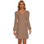 Mocha Mousse Hex Code #a47864 Long Sleeve Waist Tie Ruffle Velvet Dress