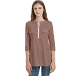 Mocha Mousse Hex Code #a47864 Women s Zip Front V-Neck 3/4 Sleeve Casual Top Pocket Shirt