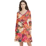 Flamingo1 Long Sleeve V-neck skater dress with Pockets