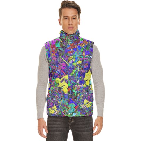 Vibrant Abstract Floral in Rainbow Colors Men s High Neck Button Up Puffer Vest from ArtsNow.com