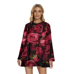 Round Neck Long Sleeve Bohemian Style Chiffon Mini Dress 