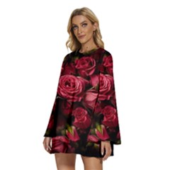 Round Neck Long Sleeve Bohemian Style Chiffon Mini Dress 