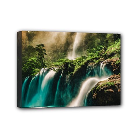 Waterfall Rocks Jungle Forest Mini Canvas 7  x 5  (Stretched) from ArtsNow.com