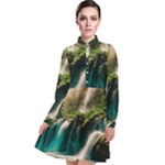 Waterfall Rocks Jungle Forest Long Sleeve Chiffon Shirt Dress