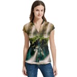 Waterfall Rocks Jungle Forest Women s Cap Sleeve Mandarin Collar Waist Tie Blouse