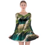 Waterfall Rocks Jungle Forest Long Sleeve Skater Dress