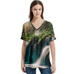 Waterfall Rocks Jungle Forest V-Neck Split Shoulder Casual T-Shirt