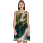 Waterfall Rocks Jungle Forest Round Neck Sleeve Casual Dress With Pockets
