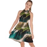 Waterfall Rocks Jungle Forest Sleeveless Halter Neck A-Line Dress
