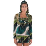 Waterfall Rocks Jungle Forest Long Sleeve Hooded T-shirt
