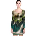 Waterfall Rocks Jungle Forest Long Sleeve Velvet Bodycon Dress