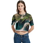 Waterfall Rocks Jungle Forest Women s Round Neck Short Sleeve Crop Top