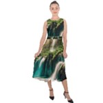 Waterfall Rocks Jungle Forest Midi Tie-Back Chiffon Dress