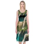 Waterfall Rocks Jungle Forest Midi Sleeveless Dress
