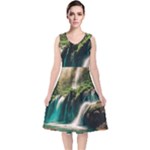 Waterfall Rocks Jungle Forest V-Neck Midi Sleeveless Dress 